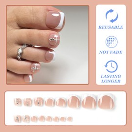 Pack of 24 False Toenails for Sticking, 12 Sizes, Short Artificial Toenail Tips, Nude Pink, Stick on Toenails, Glitter White Rhinestones, Natural Full Cover Toe Nails for Women and Girls