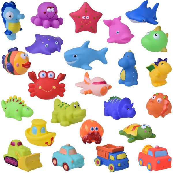 FUN LITTLE TOYS 24 PCs Bath Toys for Toddlers, Sea Animals Squirter Toys Kids, Car Squirter Toys Boys, Bath Toy Organizer Included Kids Party Favors, Goodie Bag fillers
