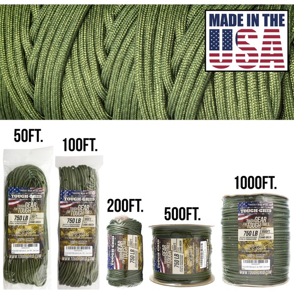 TOUGH-GRID 750lb Camo Green Paracord / Parachute Cord - Genuine Mil Spec Type IV 750lb Paracord Used by The US Military (MIl-C-5040-H) - 100% Nylon - 100Ft. - Camo Green