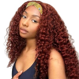 XSY Red Reddish Brown Headband Wig Human Hair 16 Inch Deep Wave None Lace Front Wigs for Black Women Curly Human Hair Headband Wig Glueless Machine Made Wigs 150% Density