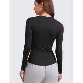 CRZ YOGA Ribbed Modal Casual Long Sleeve Henley Shirts for Women Soft Stretchy Knit Layering Basic Fitted Athletic Tops Black Small