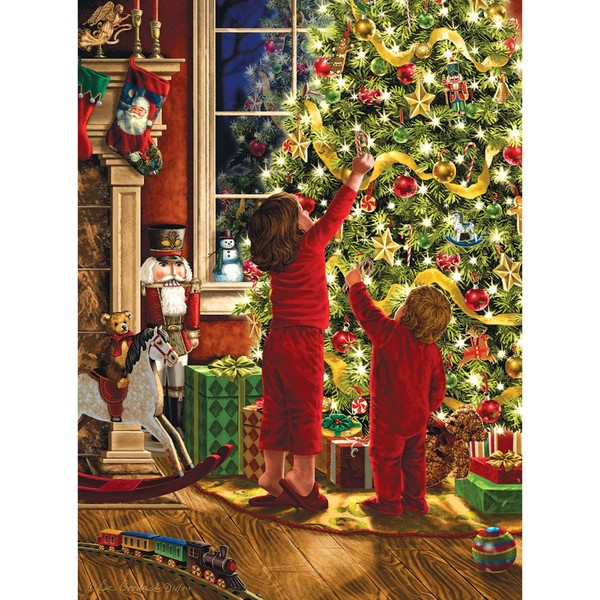 Bits and Pieces - 1000 Piece Embellished Glitter Puzzle - Children Decorating The Christmas Tree by Artist Liz Goodrick Dillon - Family Holiday Fun - 1000 pc Jigsaw