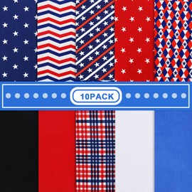 Whaline 10Pcs Patriotic Cotton Fabric Bundles Red Blue White Plaid Stripe Star Printed Fat Quarters Quilting Patchwork Squares Sewing Fabrics for DIY Handmade Crafting Home Party Decor, 10 x 10 Inch