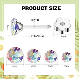 CZ Flat Back Stud Earrings, WGXIA Flower Screw Back Stud Earrings for Women Cubic Zirconia Hypoallergenic Studs Cartilage Earring Men Jewelry Gifts for Girls Birthday Anniversary (5MM, Silver)