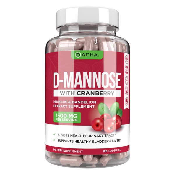 Natural D-Mannose Capsules 4-in-1 Formula - 120 CAPS, 1500 MG Cranberry, Dandelion, Hibiscus Flower Extract, Pills for Supporting Bladder and Urinary Tract Health