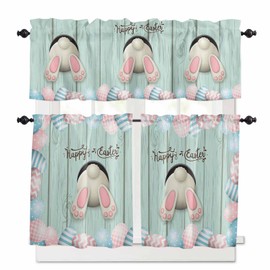 Easter Bunny Curtain Valance and Tier Set, Teal Wood Rod Pocket Tier Curtains 24 Inch Length, Colorful Eggs Happy Easter Small Window Treatment Panel Drapes for Kitchen Sink, (54" x 18"+55" x 24")