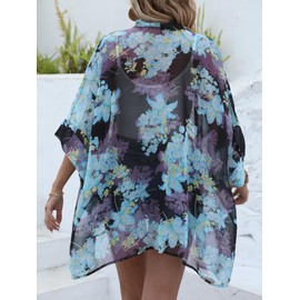WEIYAN Women's Tops Loose Chiffon Kimono Cardigan Beach Swim Cover up Blouse(YBF,Medium)