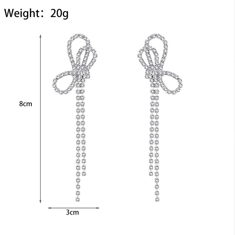 Long Rhinestone Bow Tassel Earrings for Women Sparkling Crystal Ribbon