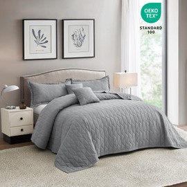 Blythease Oversized King Bedspread 128x120 Extra Wide, Modern & Contemporary Look, Lightweight Bedding Cover, Reversible, 5 Piece Set, Grey