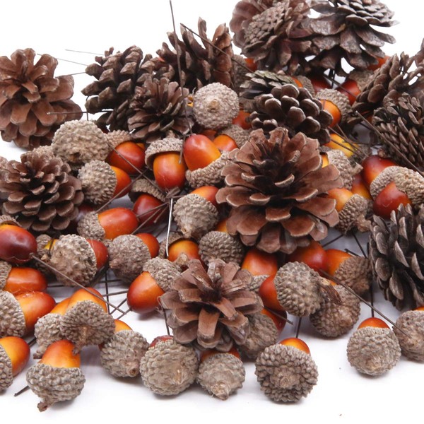 Gino Total 120 Pcs Artificial Acorns and Natural Pinecones Ornament Set for Home House Christmas Decoration Photo props