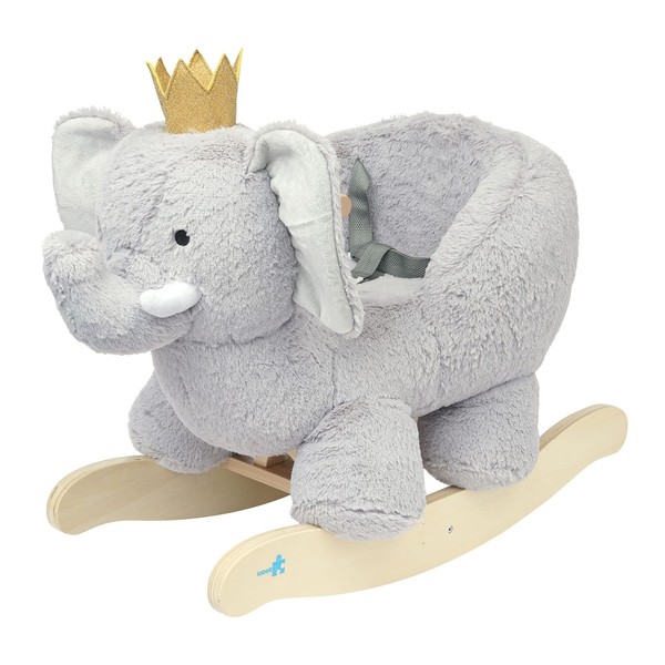 Manhattan Toy Plush Elephant Wooden Rocking Toy with Crown, Adjustable Seat Belt and Wooden Hand Grips Large