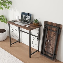 Frylr Computer Desk for Small Place, 31.5" Foldable Desk Home Office Desk, Black Metal Frame, Modern Industrial Style Study Writing Table, No Assembly Required, Classic Brown