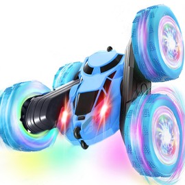 MidiVix Remote Controlled Car, 2.4 GHz Double-Sided 360° Rotating RC Crawler with Headlights, Wheel Lights, 4WD Off Road Drift RC Car Toy, Gifts for Boys 6-12, Blue