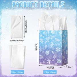 24 Pcs Winter Snowflake Gift Bags, Blue and Purple Snowflake Goodie Bags Bulk with 24 Tissue Paper, Holiday Kraft Paper Party Favor Bags with Handles for Birthday Christmas Winter Wonderland
