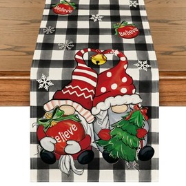 Artoid Mode - Camino de mesa con diseño de gnomo a cuadros de Navidad, árbol de Navidad con campana, decoración de mesa de Navidad, decoración de cocina y comedor de temporada de invierno para