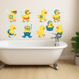 Cute Duck Wall Stickers for Bathroom – 9 Removable Waterproof Decals for Kids Bathtub and Nursery Decoration – Fun Yellow Ducklings with Bubbles and Accessories – 25cm Tall Each