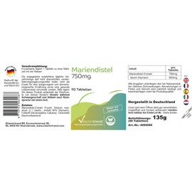 Milk Thistle 750 mg - with 80% Silymarin - 90 Tablets - High Dose - Safe Dosage - Vegan - Bioavailable Supplements from Germany | Vitamintrend