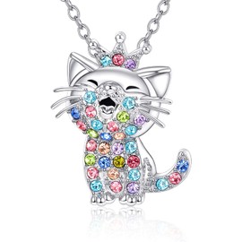 Lanqueen Valentines Day Gift for Kids Valentines Gifts Cute Cat Pendant Necklace, Saint Valentin Cadeau Enfant Cubic Zirconia Cat Jewelry for Girls Teens Women Daughter Birthday Gifts, Cat Lover Gifts (Crown Cat Necklace)