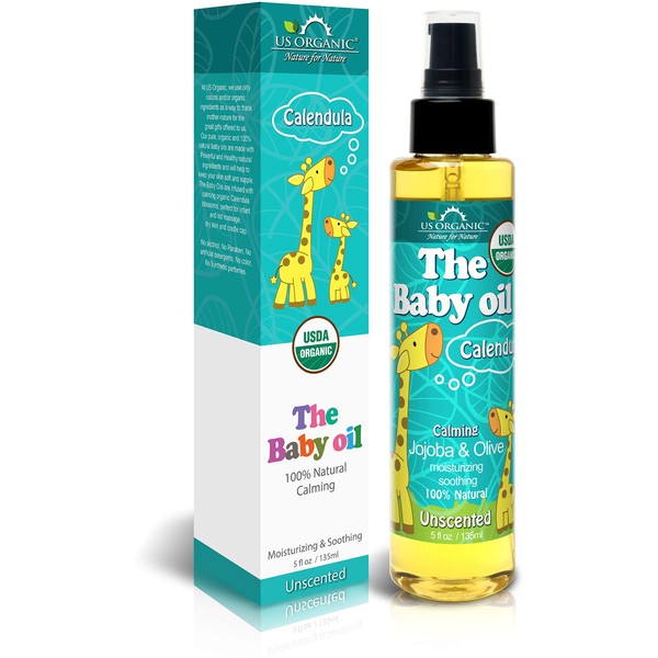 US Organic Baby Oil with Calendula, - Jojoba and Olive Oil with Vitamin E, USDA Certified Organic, No Alcohol, Paraben, Artificial Detergents, Color, Synthetic Perfumes, 5 fl. Oz (Unscented)
