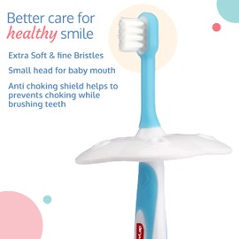 Luv Lap Baby Training Manual Toothbrush Set for Kids with Anti Choking Shield, Teeth Tongue Cleaner, Baby Oral Hygiene, 3 pcs, (White/Blue)