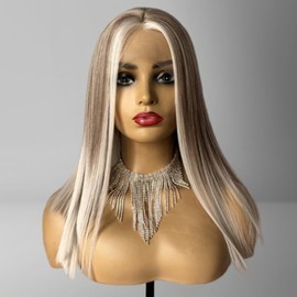 RHAH Glueless Pre plucked Ombre Ash Blonde Lace Front Wigs for Women White Grey Color Balayage Highlight Bob Hair Cut Silky Straight Japanese Synthetic Wigs Daily Natural Looking Heat Resiatant Wig