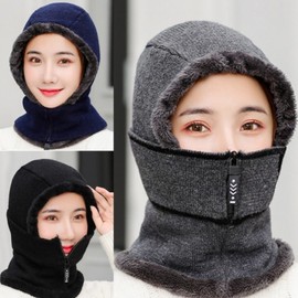 Fluffy Zip-Up Winter Fur Knit Hooded Balaclava Neck Warmer Hat Balaclava Navy