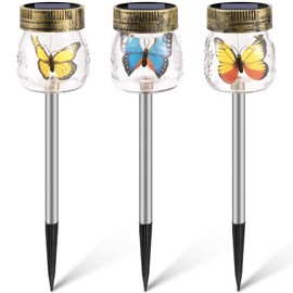 Luces solares de jardín decorativas al aire libre, paquete de 3 luces decorativas de cristal de mariposa para camino, césped, patio (2021 más nuevo)