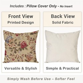 HERHOME Vintage Floral Decorative Throw Pillow Covers 20x20 Inch Peony Flower Chinoiserie Beige Outdoor Cottagecore Grandmillennial Spring Fall Decor Cushion Cases Decorations for Home Couch