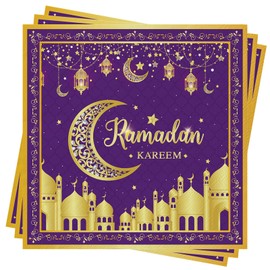 Ramadan Kareem Napkins, Pack of 40 Eid Mubarak Ramadan Napkins Table Decoration Napkins Purple Gold Eid Decoration Star Moon Accessories Ramadan Ramadan Mubarak Tableware Napkins 33 x 33 cm
