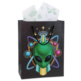 DolliBu Alien Large Gift Bags with Tissue Paper, 12 Pc Set - Space Alien Big Gift Wrap Bags with Handles and Alien Tissue Paper for Holiday, Birthday, Party Favor Gift Bags - 13 Inch, 12 Pack