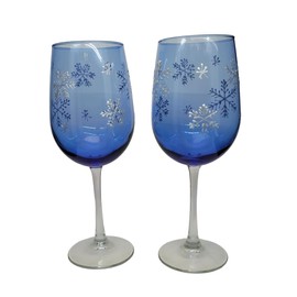 Snowflakes Hand Painted Blue Wine Glasses Set of 2, Winter Home Decor