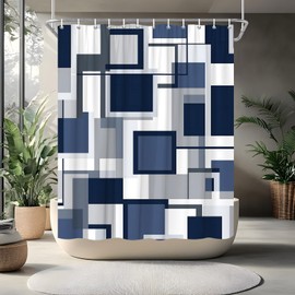 RJSMRJ Blue Geometric Shower Curtain Grey White Modern Abstract Mid Century Geometry Squares Farmhouse Mens Bathroom Curtains Set Polyester Fabric with Hooks 70" W x 70" L
