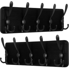WEBI Coat Rack Wall Mounted,Wood Coat Hooks Wall Mounted,16" Hole to Hole,Wall Coat Hanger Rustic Hook Rack Rail,5 Triple Hooks for Hanging Coats,Hats,Jacket,Clothes,Entryway,Black,2 Packs