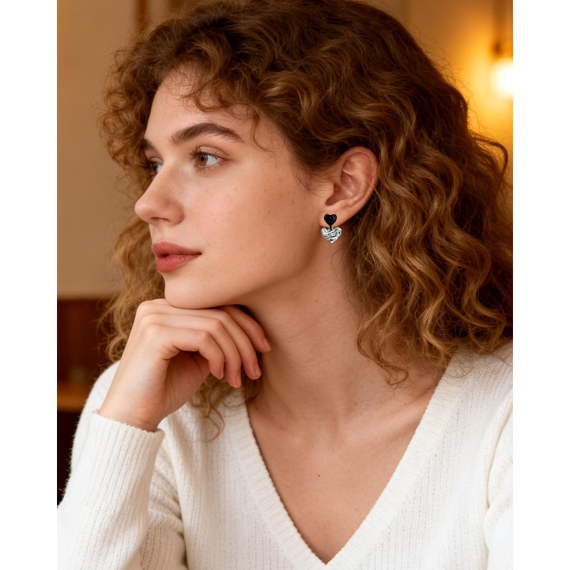 Desnuage Asymmetrical Black Silver Heart Dangle Earrings for Women Hammered