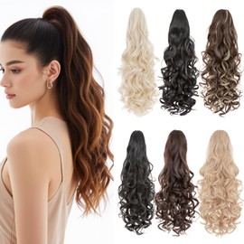 Benehair Claw Clip in Ponytail Hair Extensions 24 Inches Long Curly Wavy Ponytail Extensions Synthetic Drawstring Ponytail Hair Pieces for Women(Dark Brown to Light Auburn Brown, 210g)