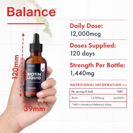 Biotin Liquid Drops - Vegan - High Strength 12,000mcg per Serving - Hair Growth Supplement - 4 Month Supply - 120 Servings - 60ml Dropper Bottle - Vitamin B7 - Fast Absorption - Made in UK by Balance