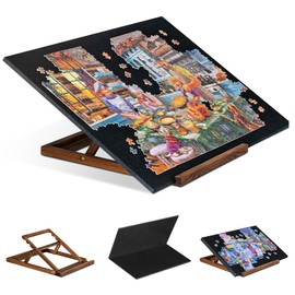 Tektalk Foldable Jigsaw Puzzle Board with 3 angle adjustable Bracket / Stand, Lightweight Portable Puzzle Mat Plateau with Wooden Easel, Foldaway Felt Puzzle Table, for Up to 1000 Pieces - Black