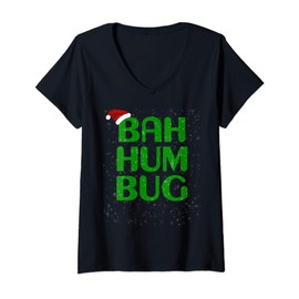 Womens Snowy Christmas Bah Humbug Shirt-Xmas Humbug Santa Hat Tee V-Neck T-Shirt