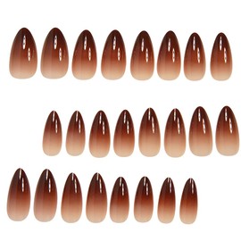 WAFOLOZE Nails Press on, Fall Press on Nails Almond Medium Girls Fake Nails with Retro Reddish Brown Ombre Design, Artificial False Nails Press Ons Glue on Nails For Women