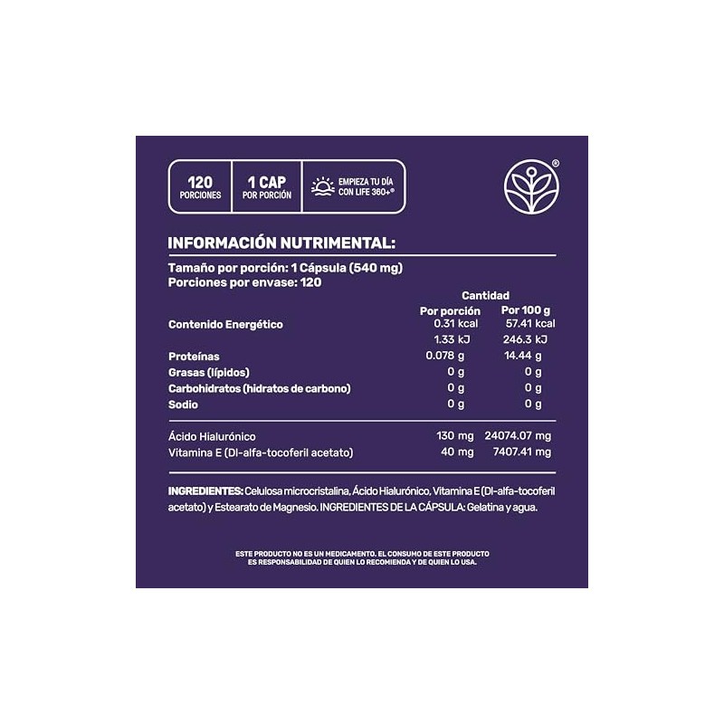 LIFE 360+ Ácido Hialurónico | 540 Miligramos 120 Cápsulas |