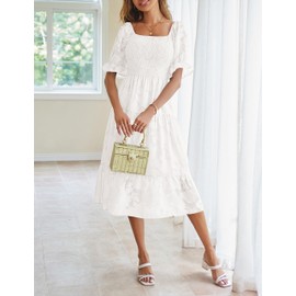 MEROKEETY Womens 2025 Summer Short Puff Sleeve Smocked Square Neck Floral Textured Tiered Midi Dress,White,S