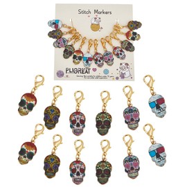 PLIGREAT Pack of 12 Gothic Skull Pendant Stitch Markers Fashion Enamel Pendant with Carabiner Claw Clasp Crochet Knitting Accessories for Weaving Sewing Quilting DIY Alloy Jewellery Making