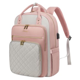 LOVEVOOK Laptop Backpack, D-Pink-Grey, 15.6in Laptop Compartment, 26L Capacity, 18 Pockets, Ergonomic Shoulder Straps, USB Charging Port