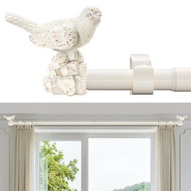 KVEEO White Curtain Rod 36 to 144 Inches Curtain Rods for Windows Adjustable Heavy Duty Drapery Rod with Bird Finials for Kitchen Window Living Room