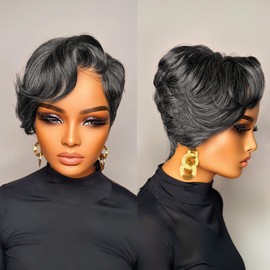 PangDongLai Dark Gray Color Pixie Cut Lace Front Human Hair Wigs 13x4x1 Lace Frontal Wigs Short Bob Straight Wig Pixie Cut Wigs For Black and White Women 150% Density (gray)