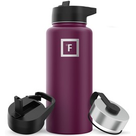 IRON °FLASK Camping & Hiking Hydration Flask with 3 Lids - Stainless Steel, Double Walled & Vacuum Insulated Water Bottle - Leak Proof & BPA Free (Burgundy, Straw - 32 oz)