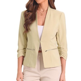 Allegra K Open Front Blazer for Women's 3/4 Ruched Sleeve Suit Jacket Work Office Casual Blazers with Zipper Pockets X-Small Apricot