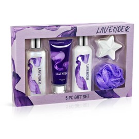 Freida & Joe Fragrance Bath & Body Collection Gift Box, Includes Shower Gel, Body Lotion, Body Scrub, Bath Bomb & Sponge (Lavender)