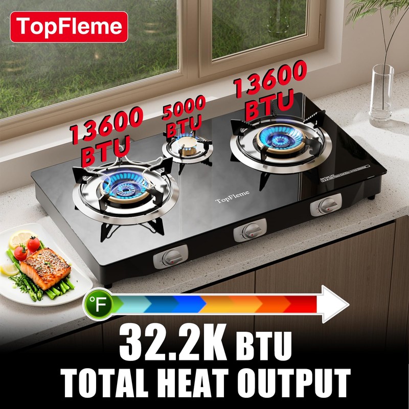 3 Burner Propane Stove 32,300 BTU High-Efficiency Tempered Glass Auto-Ignition