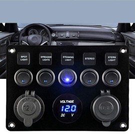 5 Gang Marine Boat Rocker Switch Panel, Waterproof Boat Toggle Switches Panel with 4.2A Dual USB Charger Socket + LED Voltmeter + 12V Power Outlet for RV Car Boat Truck Camper Vehicles GPS
